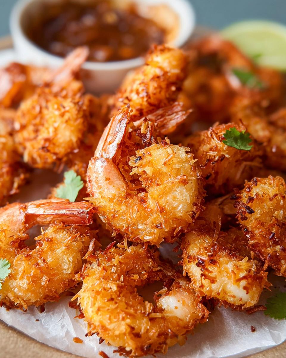 Close-up of golden-brown crispy coconut shrimp, a delicious shrimp recipe idea for busy weeknights.
