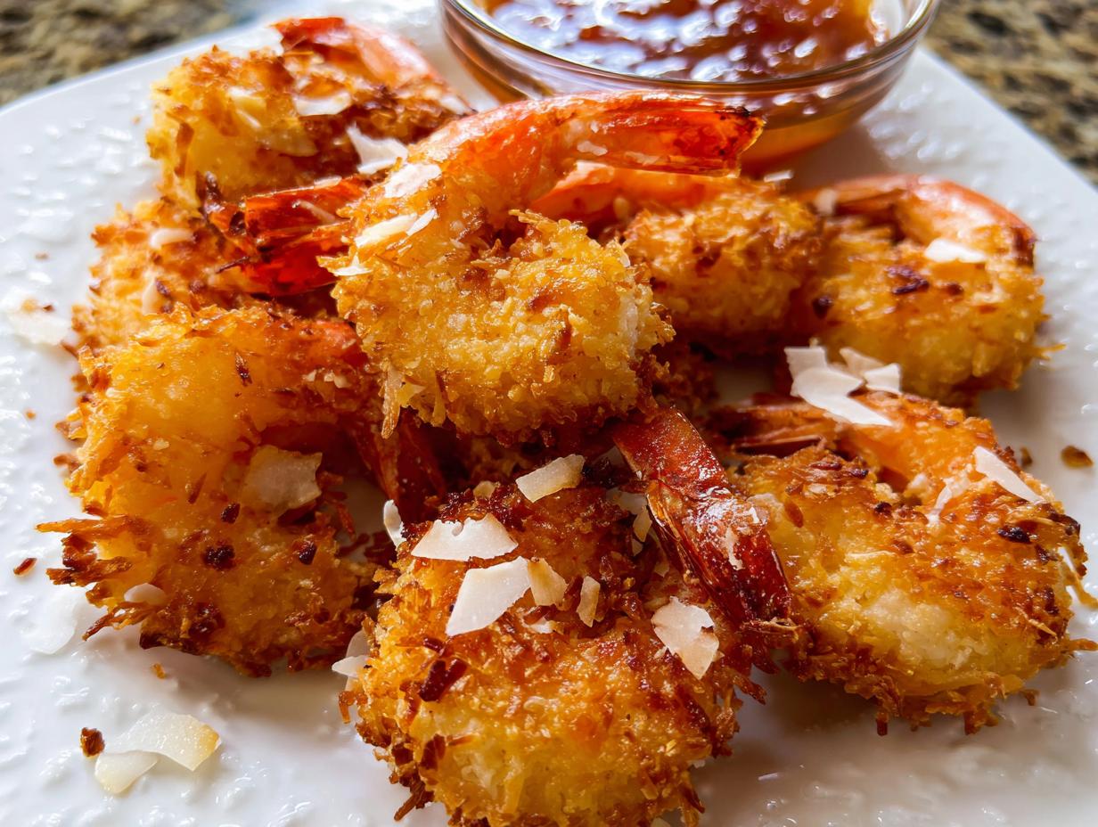A plate of golden-brown, crispy coconut shrimp, a delicious shrimp recipe, served with a side of dipping sauce.