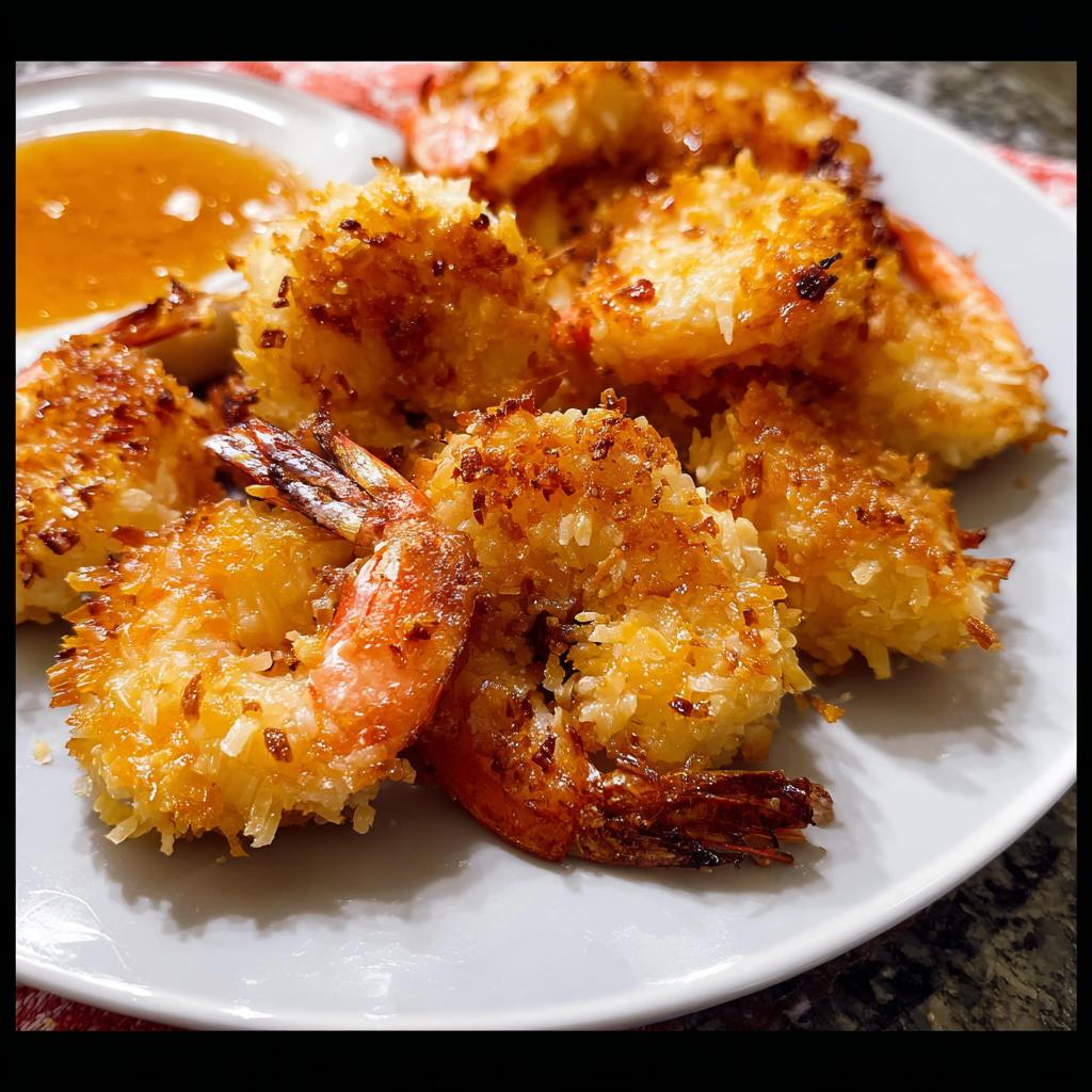 A plate of golden-brown, crispy coconut shrimp served with a side of dipping sauce. This is one of the best shrimp recipes.