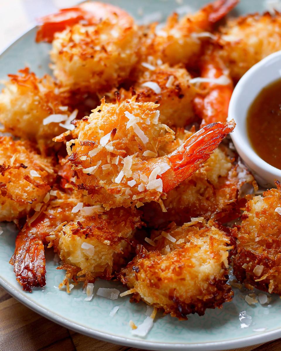 Close-up of crispy coconut shrimp recipe, golden brown and coated in shredded coconut, served with dipping sauce.