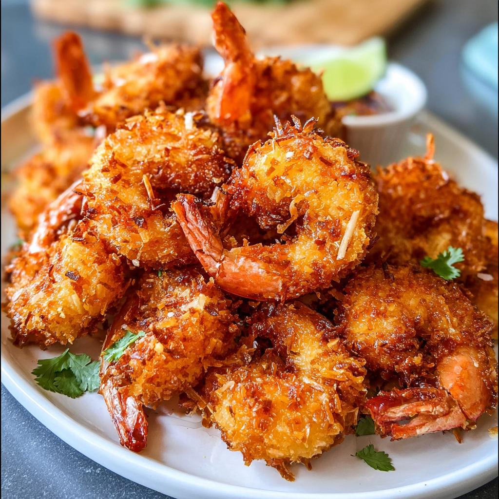 A plate of golden-brown crispy coconut shrimp, a delicious shrimp recipe idea for busy weeknights.