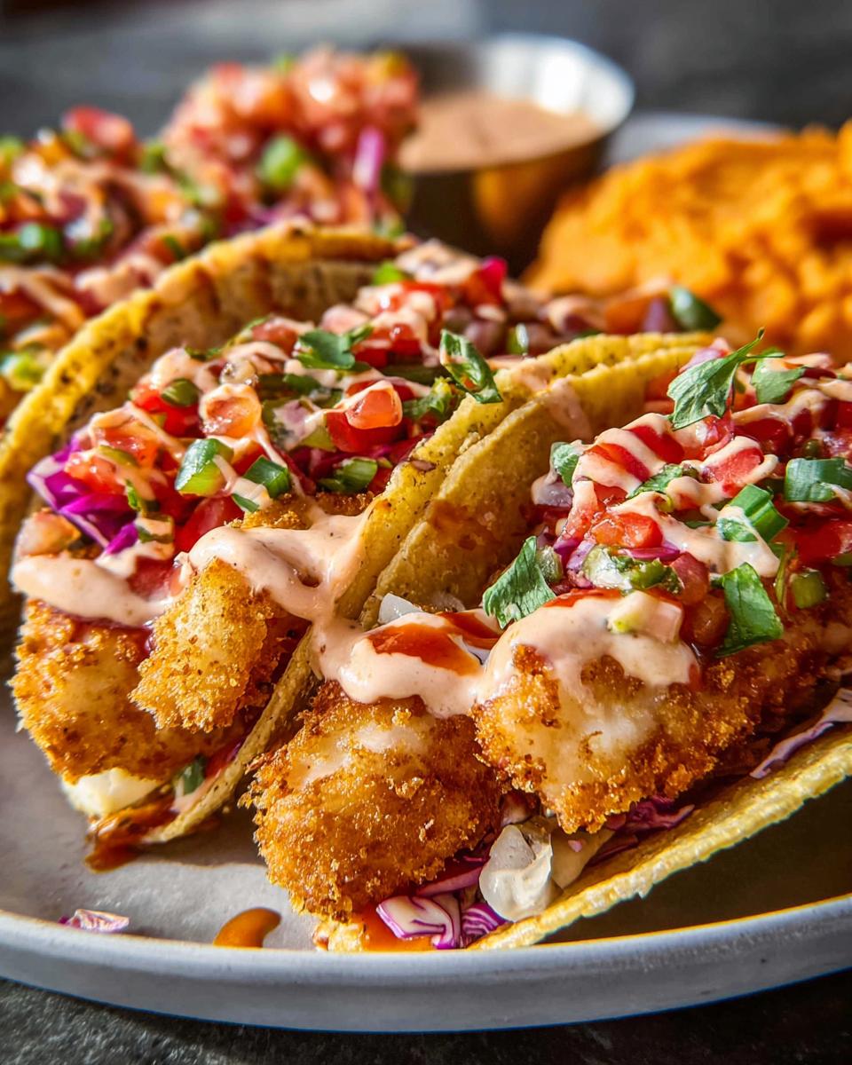 Close-up of three crispy fish tacos, topped with pico de gallo, shredded cabbage, and a creamy sauce, perfect for Taco Tuesday recipes.