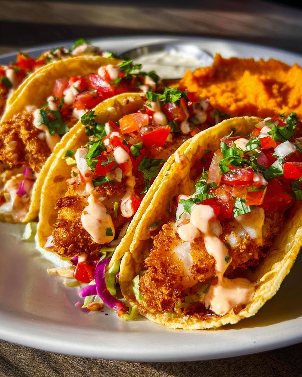 Close-up of three crispy fish tacos topped with pico de gallo and a creamy sauce, perfect for Taco Tuesday recipes.