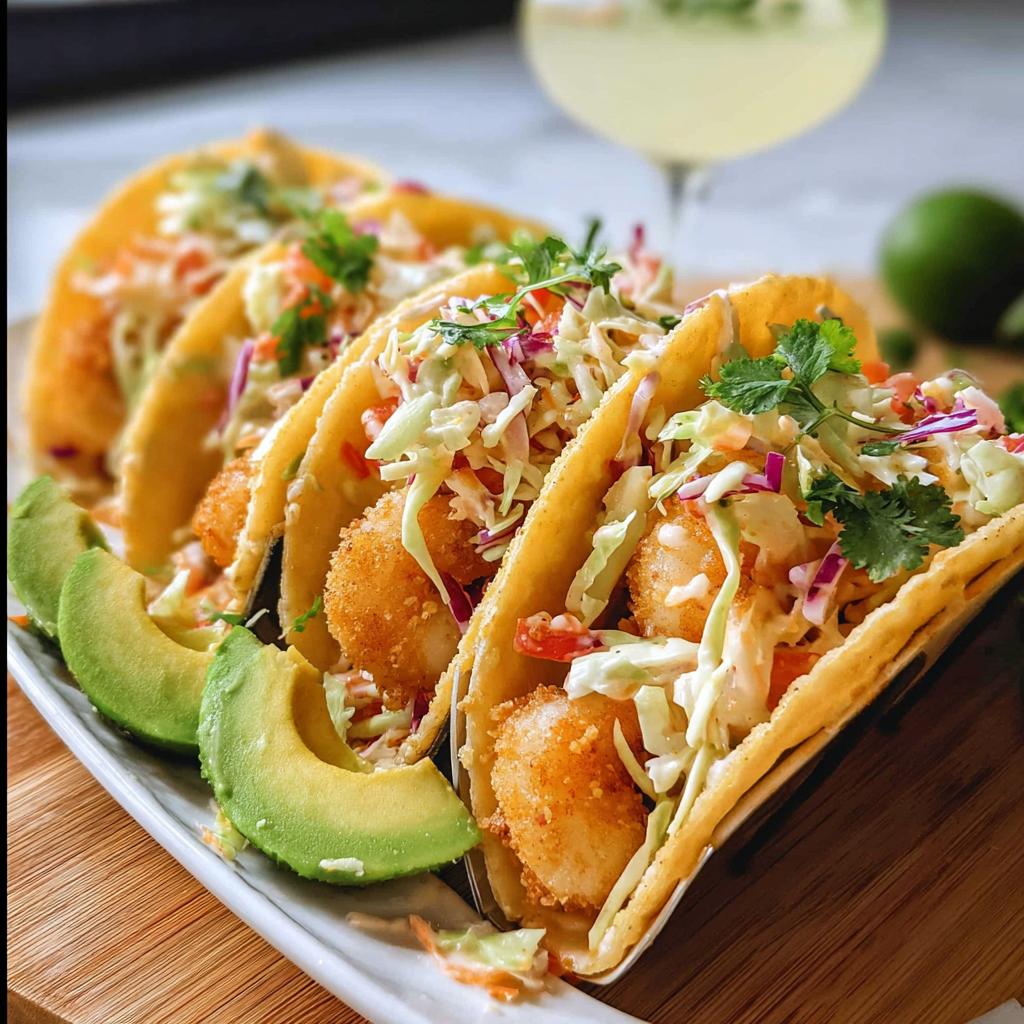 Three delicious crispy shrimp tacos topped with slaw and cilantro, served with avocado slices. A quick shrimp recipe.