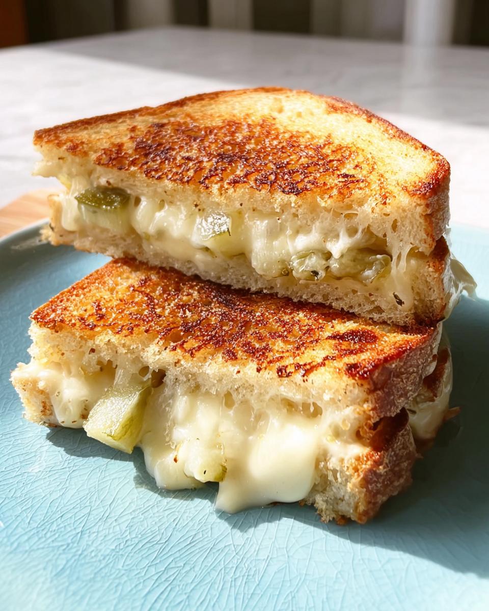 Close-up of a dill pickle grilled cheese sandwich, cut in half, showing melted cheese and pickle slices.