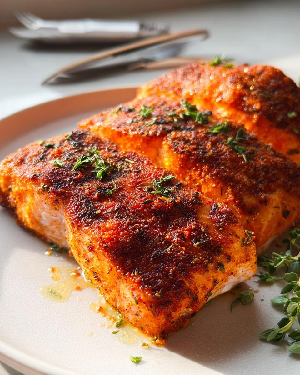 Close-up of two perfectly baked salmon fillets seasoned with spices and fresh herbs.