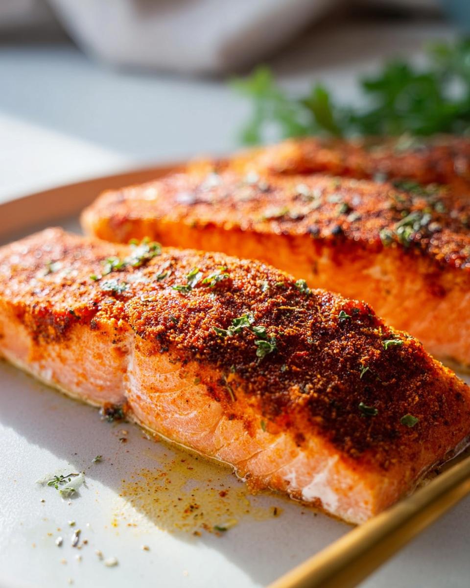 Close-up of two perfectly baked salmon fillets with a seasoned crust, ready to be served as part of a salmon recipe.