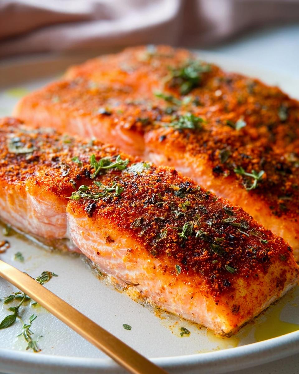 Two perfectly cooked salmon fillets seasoned with spices and herbs, ready to be served.