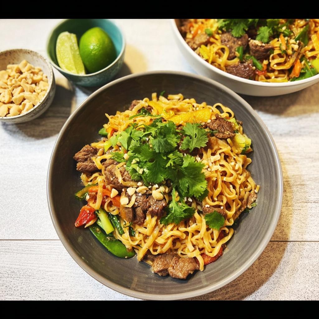 A delicious bowl of easy beef and noodle stir-fry, garnished with cilantro and peanuts, perfect for easy dinner recipes.