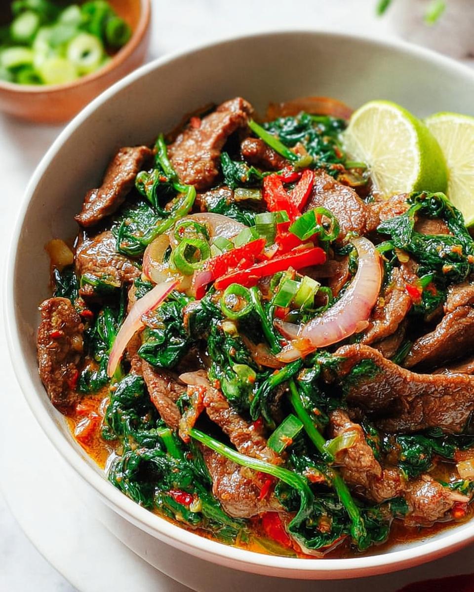Close-up of an easy beef and spinach stir-fry with red chili, onions, and lime wedges.