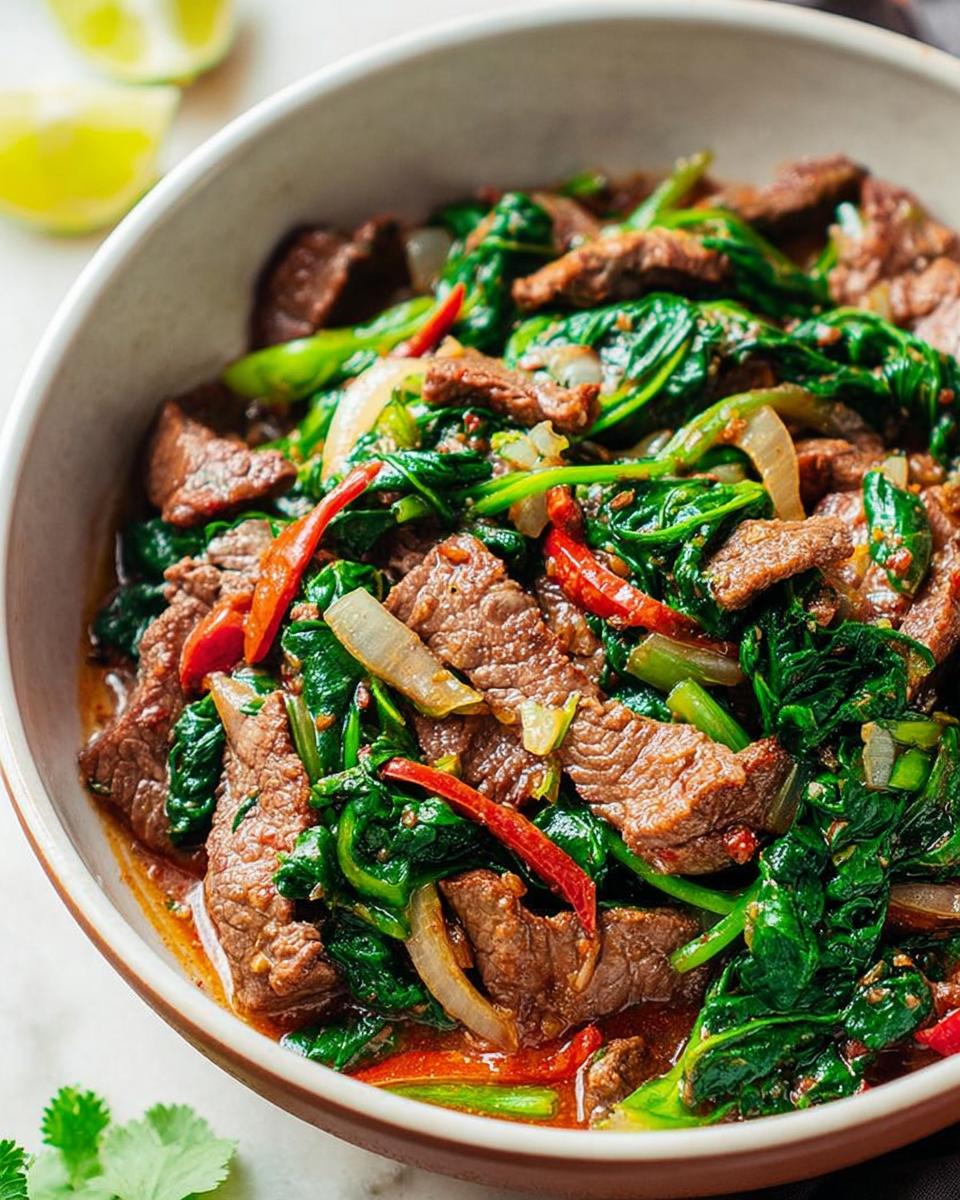 Close-up of a bowl filled with tender beef strips, wilted spinach, onions, and red chili peppers, part of easy dinner recipes.