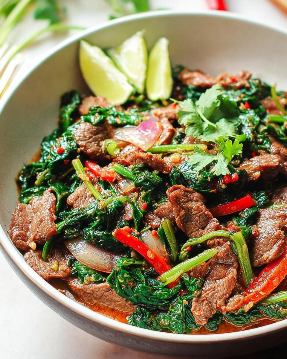 A close-up of an easy beef and spinach stir-fry with red chili, onion, and lime wedges, perfect for beginner dinner recipes.
