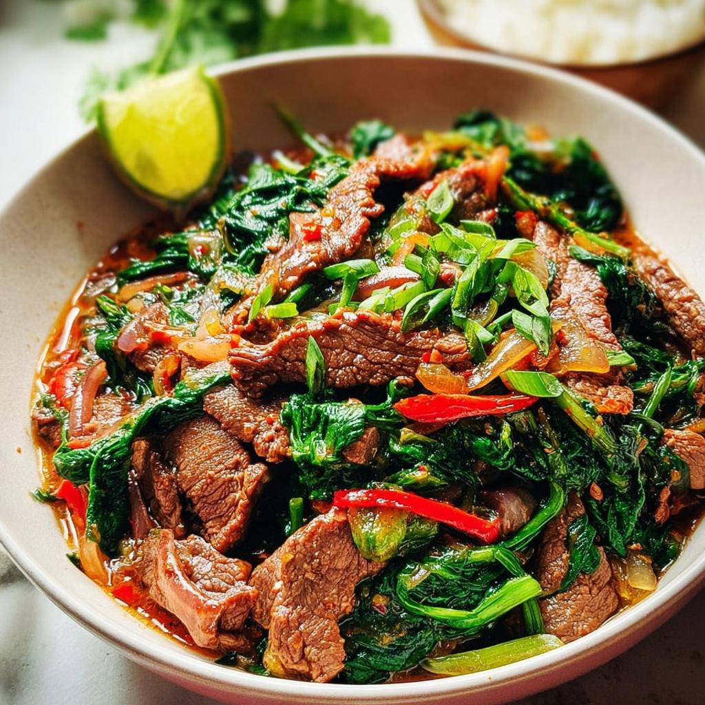 A close-up of an easy beef and spinach stir-fry, featuring tender beef strips, wilted spinach, onions, and red chili peppers, garnished with green onions and a lime wedge.