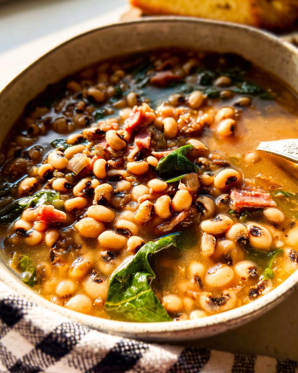 A close-up bowl of hearty black-eyed pea soup with spinach and bacon, perfect for beginners.
