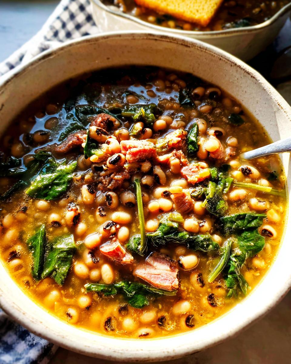 A close-up of a bowl of hearty black-eyed pea soup with ham and greens, part of The Ultimate Soup Recipes Guide for Beginners.