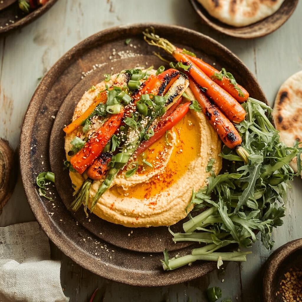 A delicious plate of hummus topped with roasted carrots, green onions, and sesame seeds, served with arugula and pita bread.