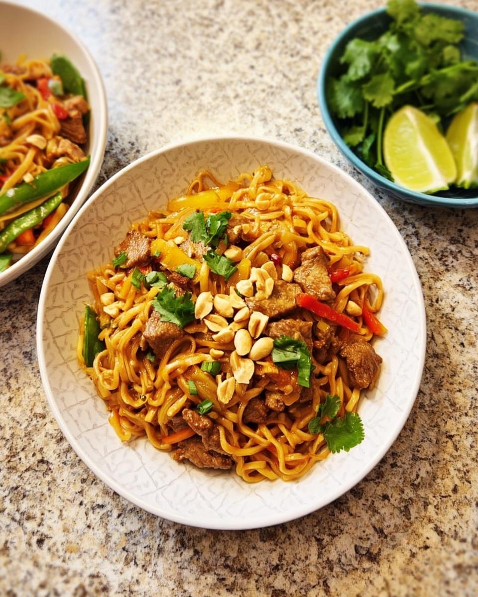 A delicious bowl of beef and noodle stir-fry, a perfect easy dinner recipe, topped with peanuts and cilantro.