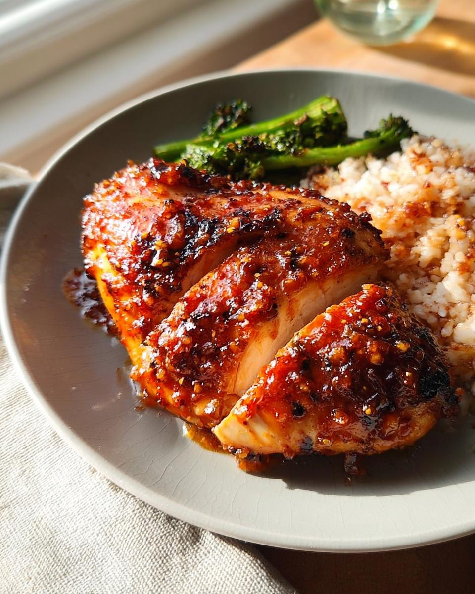 Close-up of sliced glazed chicken breast with rice and roasted broccoli, an easy dinner recipe.