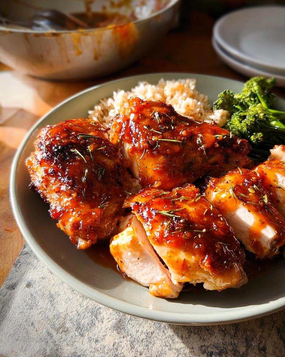A plate of glazed chicken with rice and broccoli, perfect for easy dinner recipes in 25 minutes.