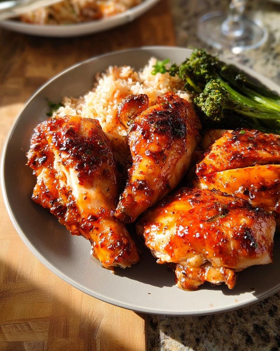 A plate of glazed chicken pieces served with brown rice and steamed broccoli, perfect for easy dinner recipes.