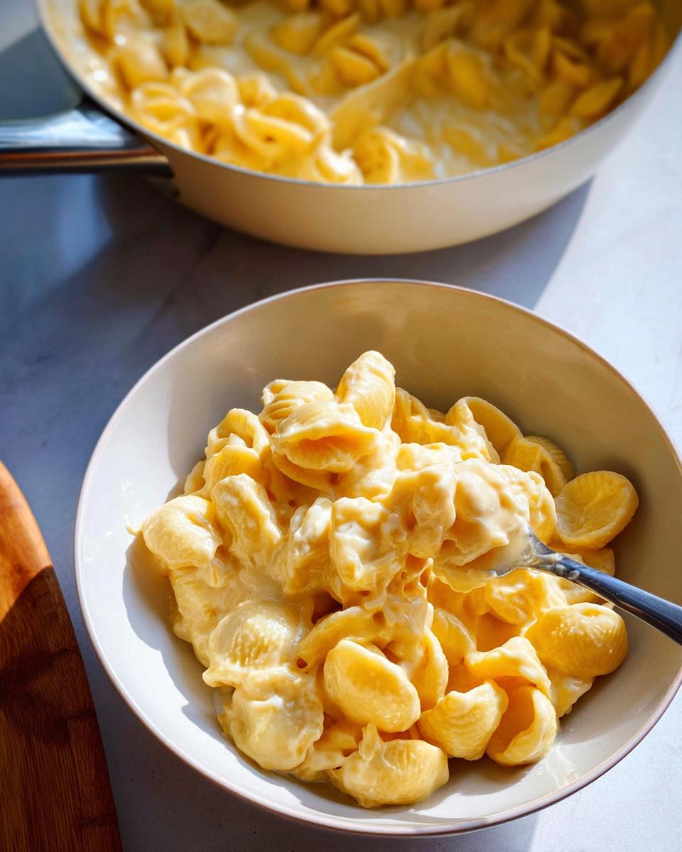 A bowl of creamy mac and cheese, a classic easy dinner recipe, with a pan of mac and cheese in the background.