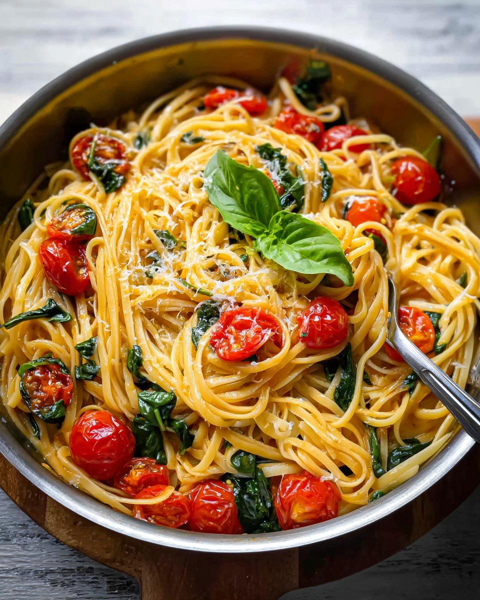 Close-up of a bowl of linguine pasta with cherry tomatoes, spinach, and basil, perfect for easy dinner recipes meal prep.