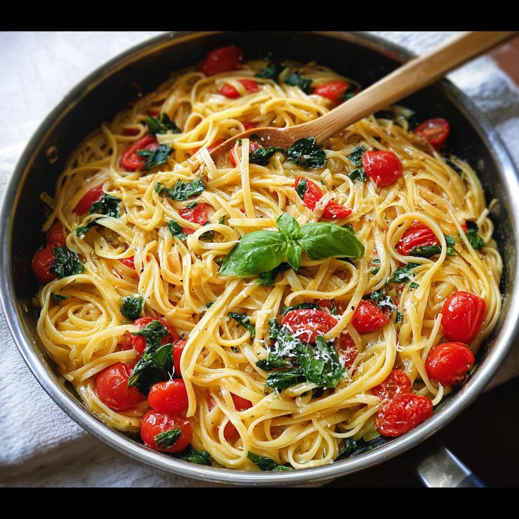 Close-up of a pan of linguine pasta with cherry tomatoes and basil, perfect for easy dinner recipes meal prep.