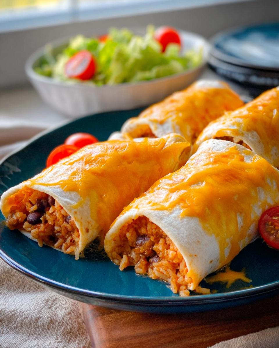 Four cheesy bean and rice burritos on a blue plate, served with a side salad. A perfect example of easy dinner recipes.