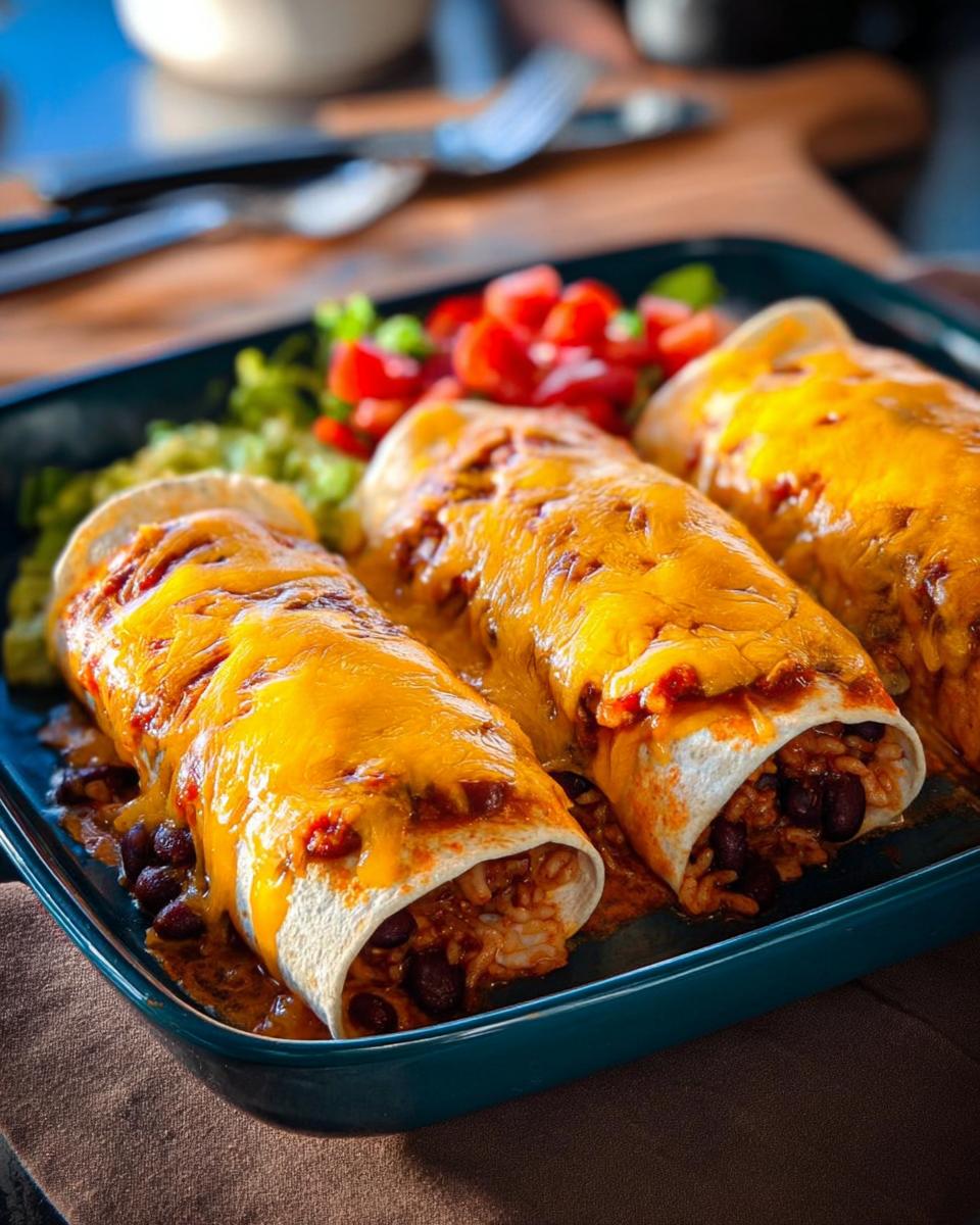 Three cheesy bean and rice burritos served with guacamole and pico de gallo, a perfect easy dinner recipe.