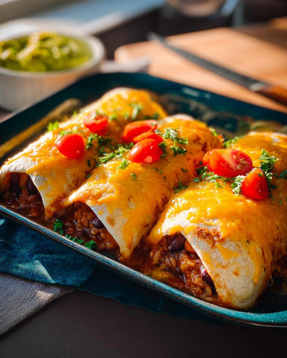 Close-up of cheesy burritos filled with rice and beans, topped with cherry tomatoes and parsley, part of easy dinner recipes.