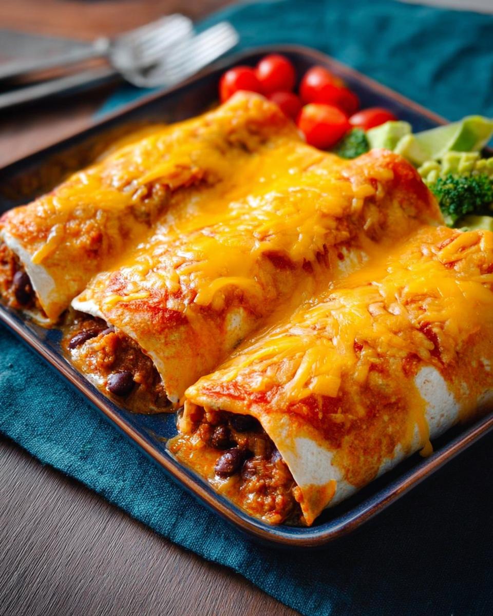 Three cheesy enchiladas filled with beans and meat, served with cherry tomatoes and avocado on a blue plate.