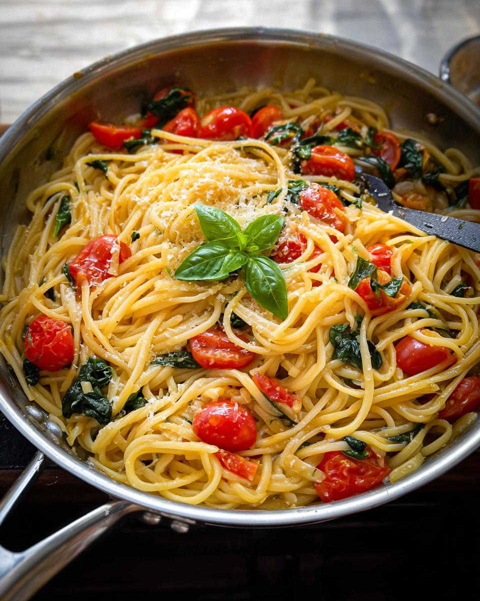 A close-up of a skillet filled with spaghetti, cherry tomatoes, spinach, and fresh basil, perfect for easy dinner recipes meal prep.