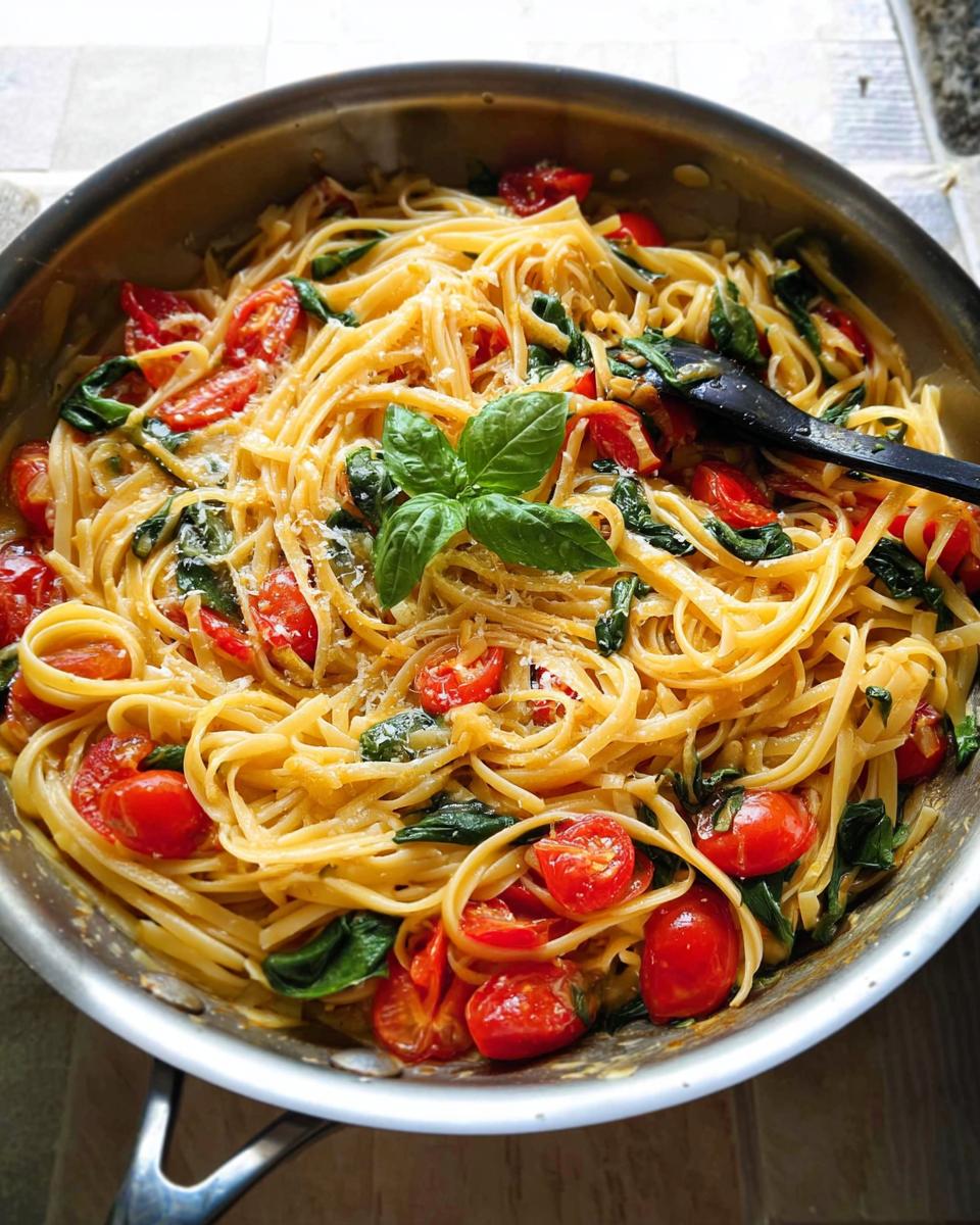 A close-up of a skillet filled with linguine pasta, cherry tomatoes, and spinach, perfect for easy dinner recipes meal prep.