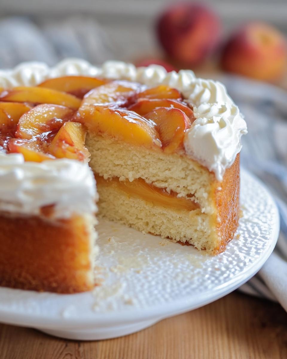 A slice of easy peach cake with whipped cream frosting and fresh peach slices on top, perfect for beginners.
