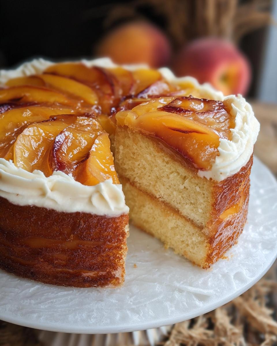 A slice of easy peach cake with creamy frosting and glazed peach slices on top, perfect for beginners.