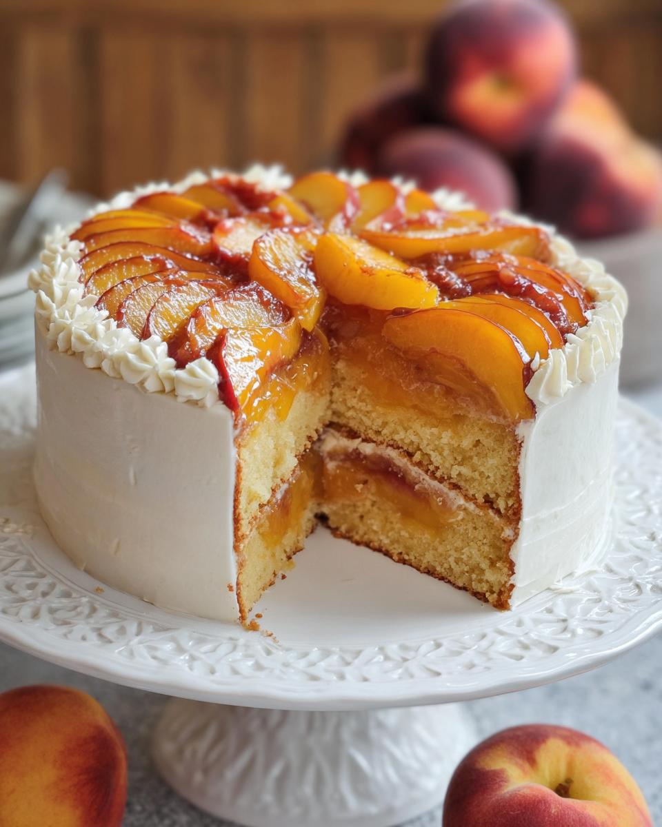 A slice of easy peach cake with white frosting and fresh peach slices on top, perfect for beginners.