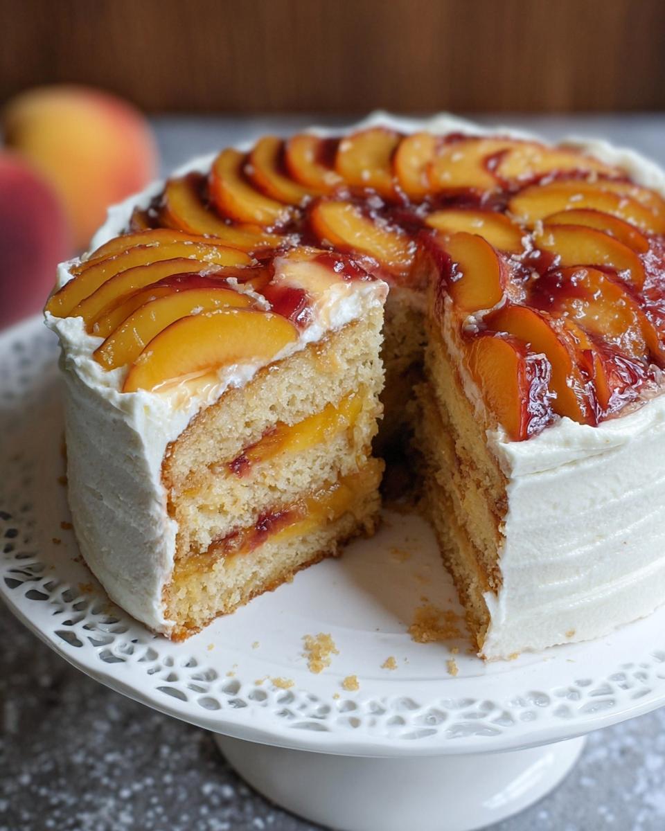 A slice of easy peach cake with layers of cake, cream, and peach filling, topped with fresh peach slices.