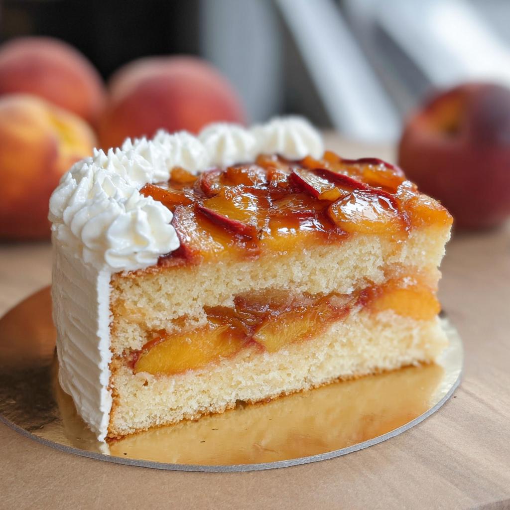A delicious slice of easy peach cake with layers of cake, peaches, and whipped cream, perfect for beginners.