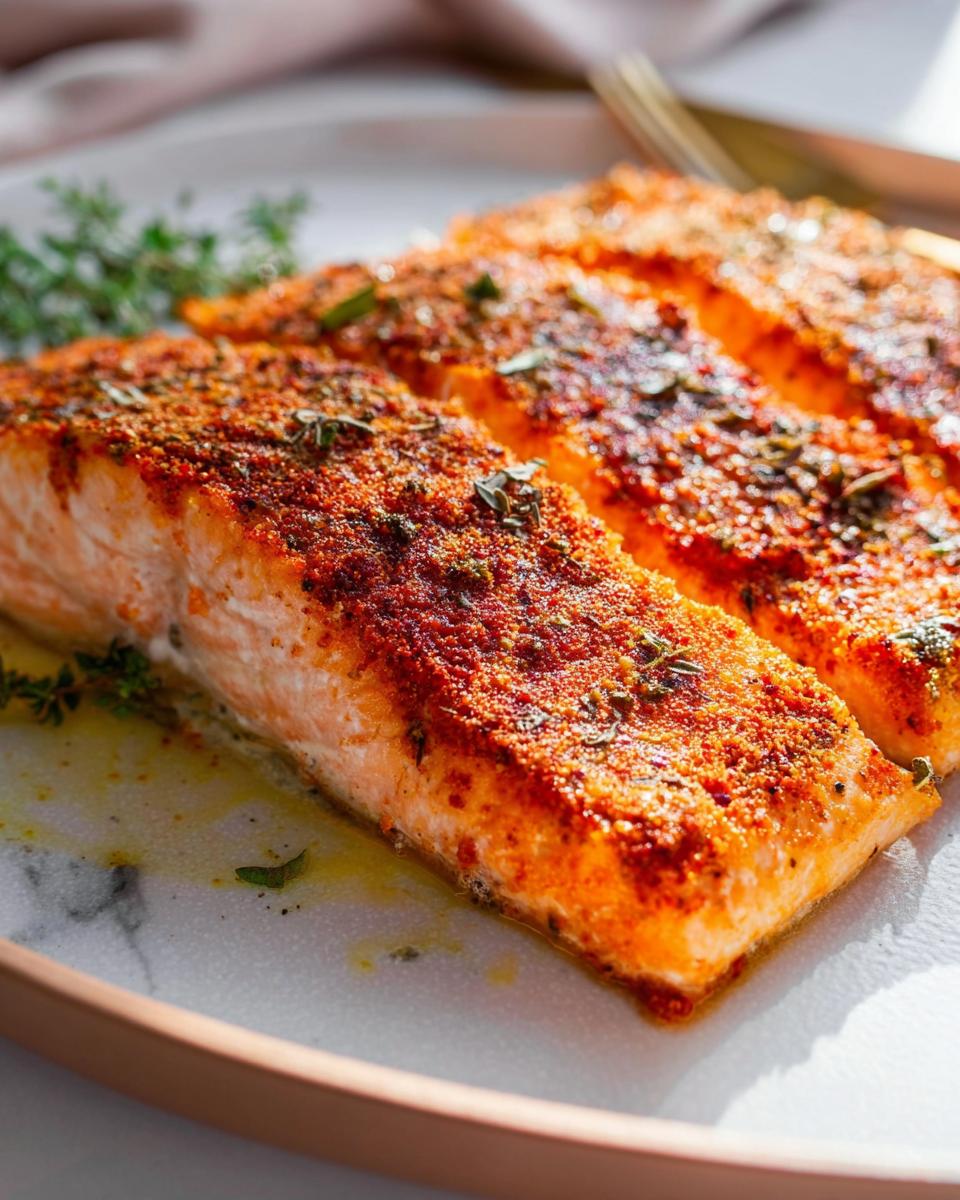 Three perfectly cooked salmon fillets seasoned with spices and herbs, ready to be served as part of an easy salmon recipe.