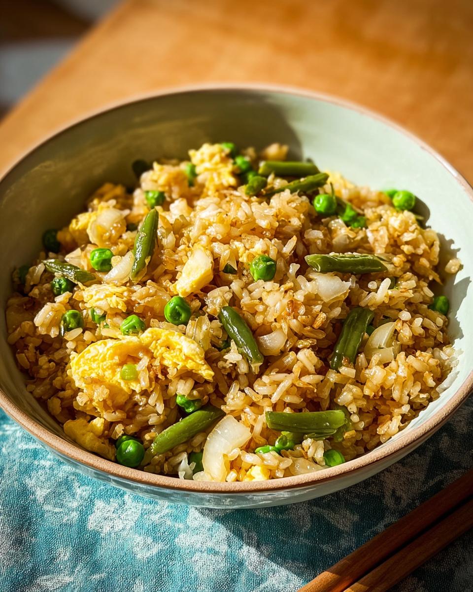 A bowl of delicious egg fried rice with peas and green beans, a perfect example of 7-Ingredient Egg Recipes.