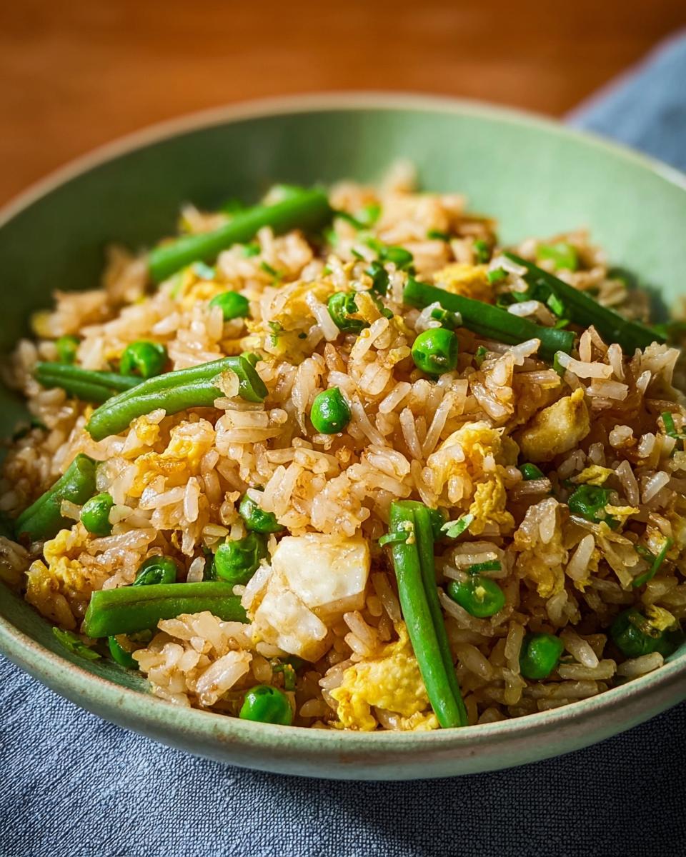 A bowl of delicious egg fried rice with peas and green beans, part of 7-Ingredient Egg Recipes.