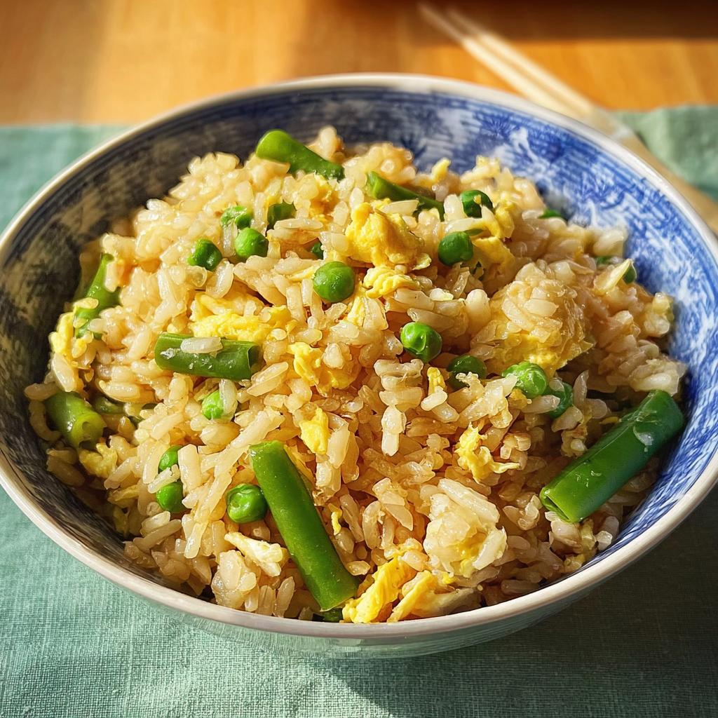 A bowl of delicious egg fried rice with peas and green beans, a perfect example of 7-Ingredient Egg Recipes.