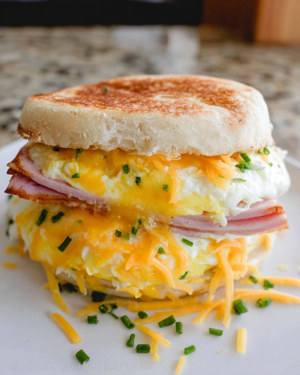 Close-up of a breakfast sandwich with scrambled eggs, ham, melted cheese, and chives on a toasted English muffin.