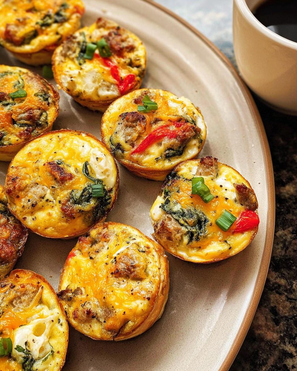 Close-up of savory egg muffins with sausage, spinach, and red peppers, perfect for egg recipes meal prep.