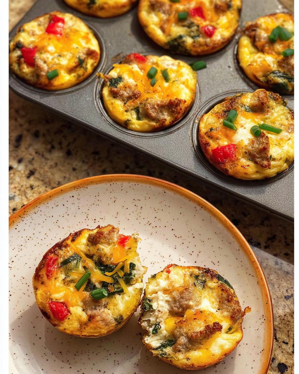 Close-up of savory egg muffins with sausage, spinach, and red peppers, perfect for egg recipes meal prep.