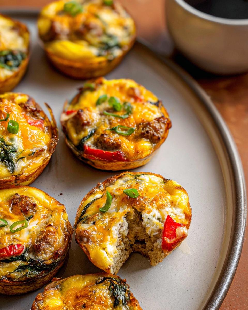 Close-up of savory egg muffins with sausage, spinach, and peppers, perfect for egg recipes meal prep.