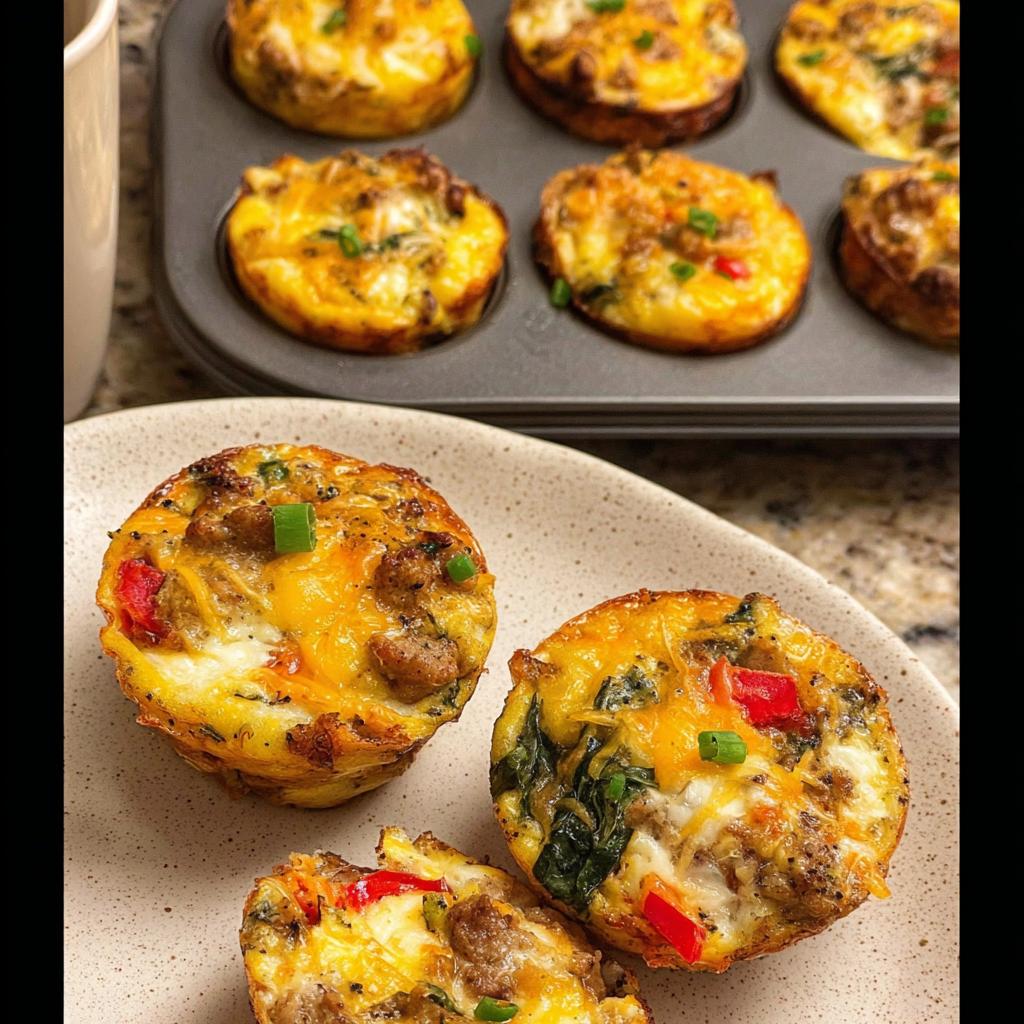 Close-up of savory egg muffins with sausage, cheese, and vegetables, perfect for egg recipes meal prep.