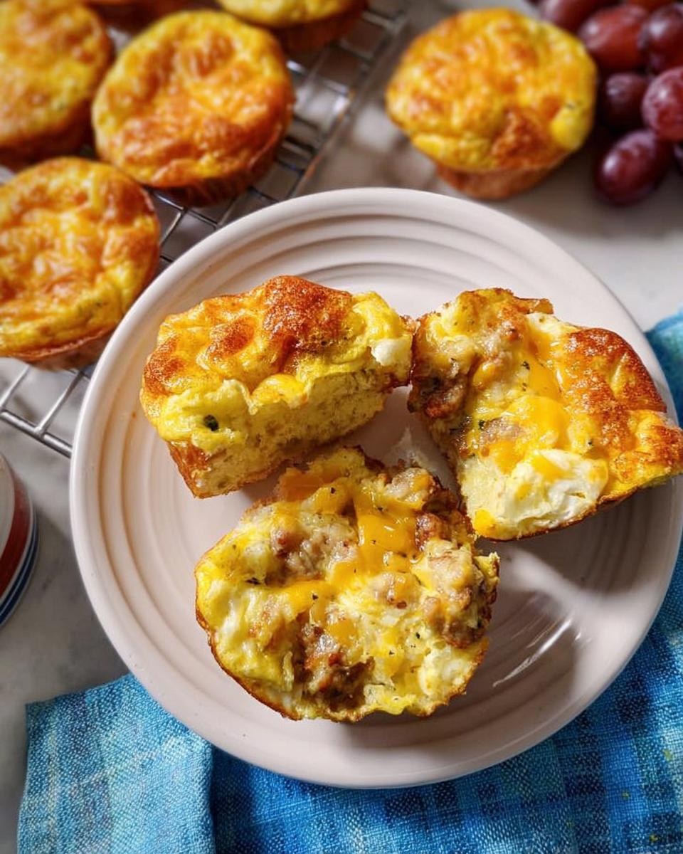 Close-up of savory egg muffins with sausage and cheese, perfect for 20-Ingredient Breakfast Ideas.