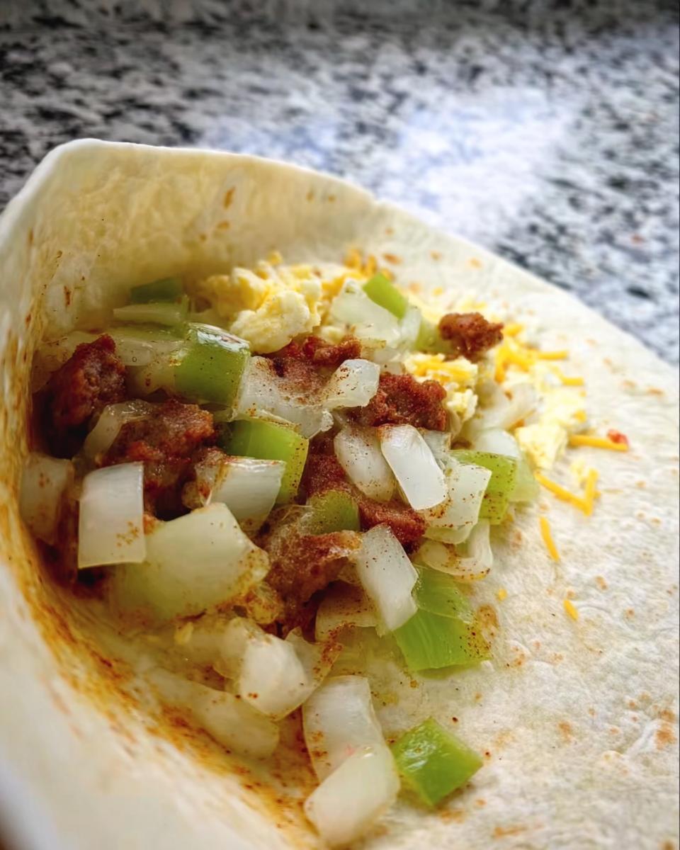 Close-up of a breakfast burrito filled with scrambled eggs, sausage, onions, green peppers, and cheese.