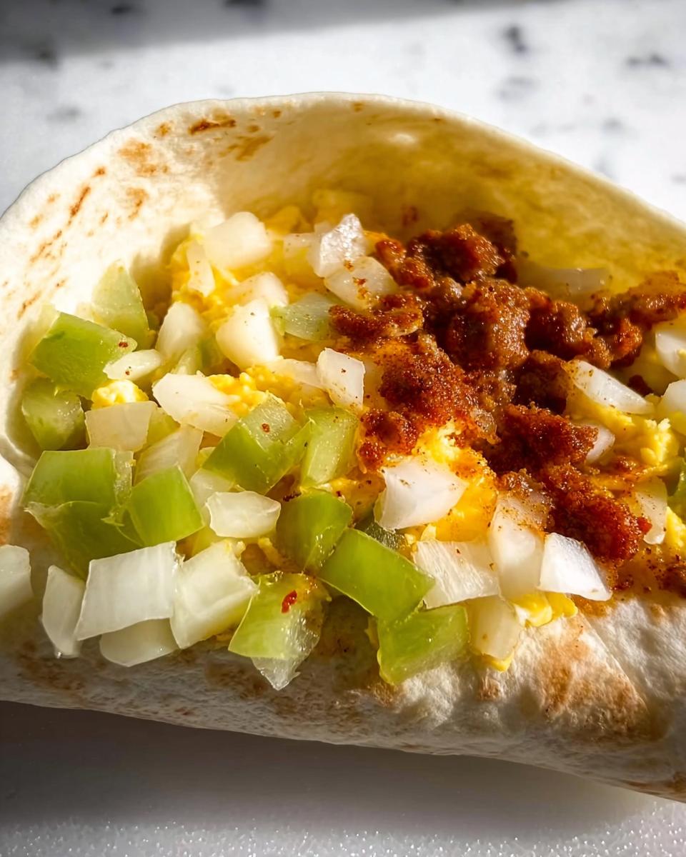 Close-up of a breakfast burrito filled with scrambled eggs, diced onions, green peppers, and a savory topping. A perfect egg recipe.